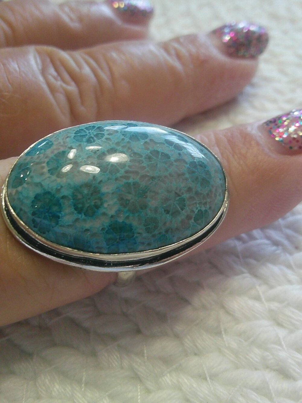 Gorgeous BLUE FOSSIL CORAL Handmade Sterling 925 Ring Size 10 #353F